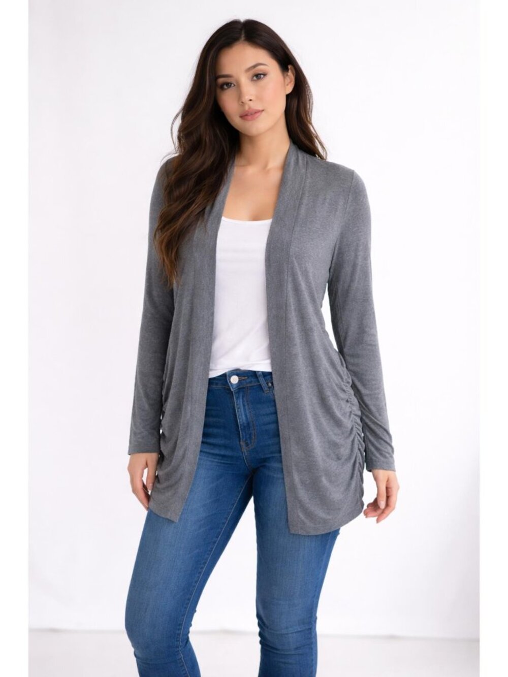 Ginger G Gray Open Front Cardigan Ruched Side Long Sleeve M